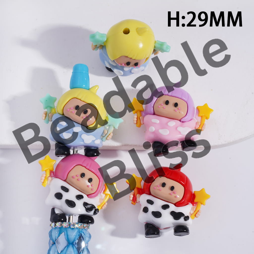 Set of colorful character figurines with various outfits on a white background.