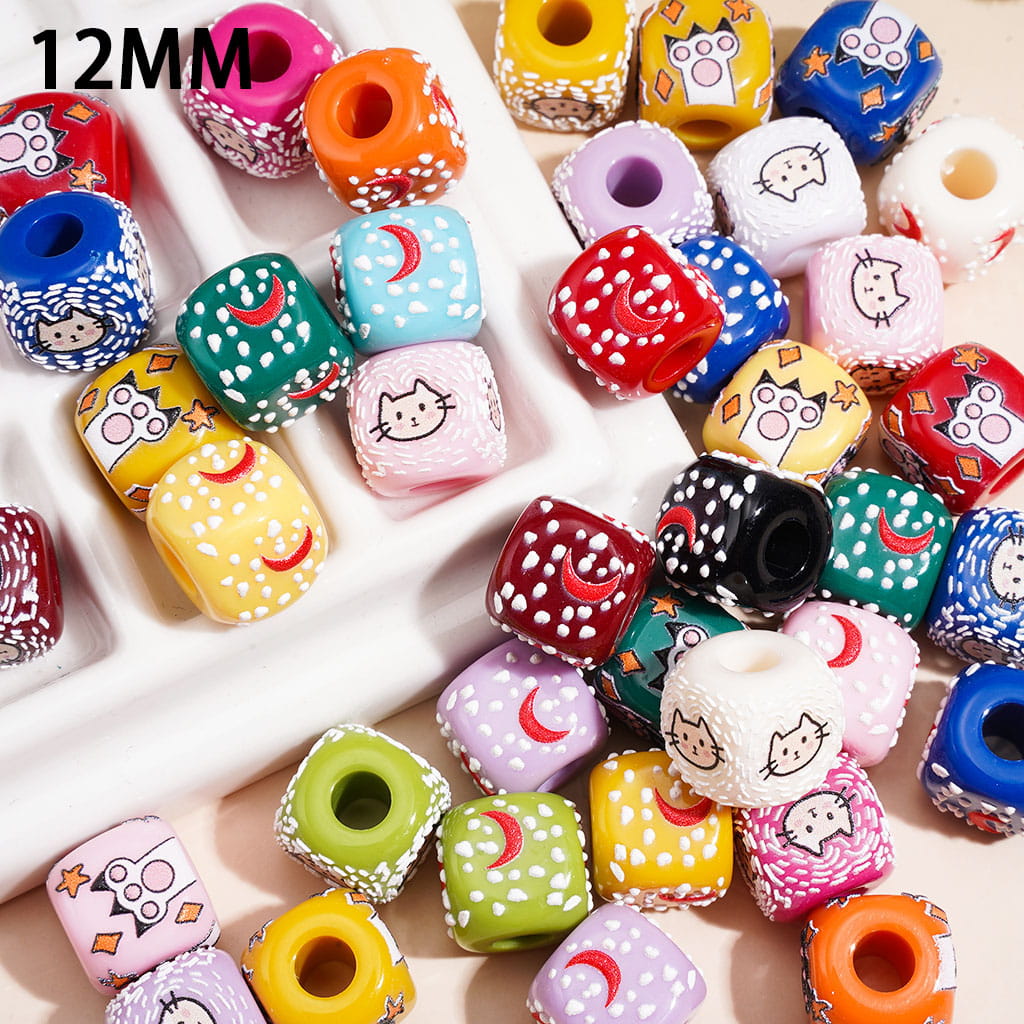 Cartoon Snow Moon Cat Hand-Printed Acrylic Beads, Cube Square Shape, 12MM, Random Mix