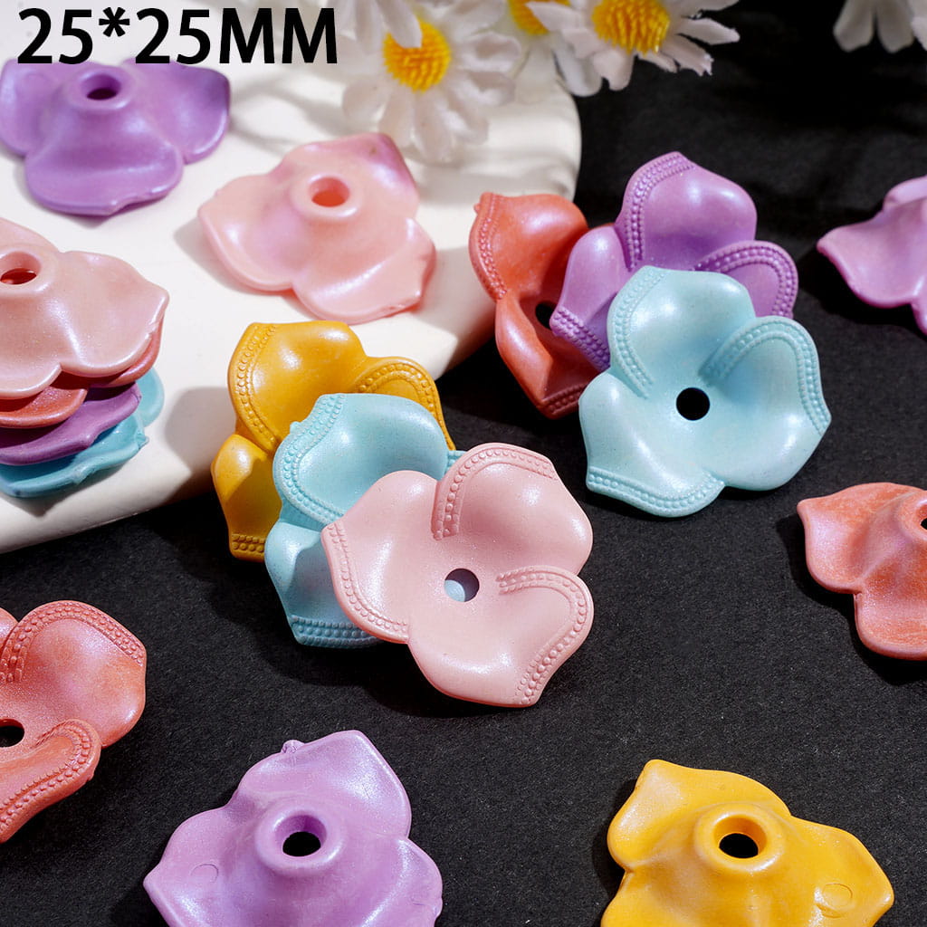 UV Coated Three-Petaled Flower Bead Cages, Acrylic Bead Cap, 25*25MM, Solid Colors, Random Mix (They Fit 16MM Beads)