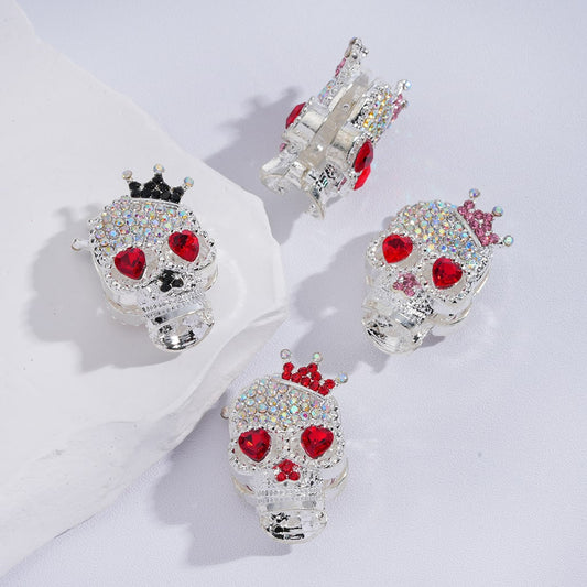 Fancy Silver Alloy Beads Skeleton Skull Head with Cute Crown AB Rhinestones Red Hearts Eyes, 29*19MM, Random Mix