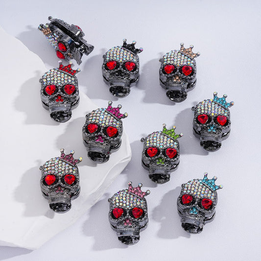 Fancy Gun Black Alloy Beads Skeleton Skull Head with Cute Crown AB Rhinestones Red Hearts Eyes, 29*19MM，Random Mix