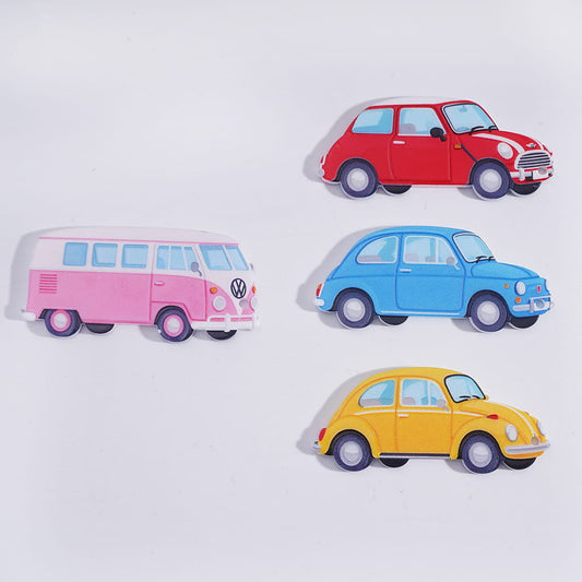 Four colorful car-shaped objects on a light gray background