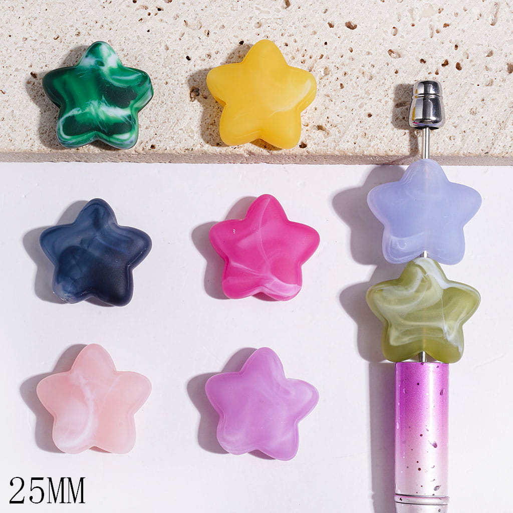 Acrylic Beads Matte Five-Pointed Star with White Brown Blend Texture, Big Hole Beads, 25MM, Multi-Color Random Mix  (The Bead Hole Diameter is Around 4MM)