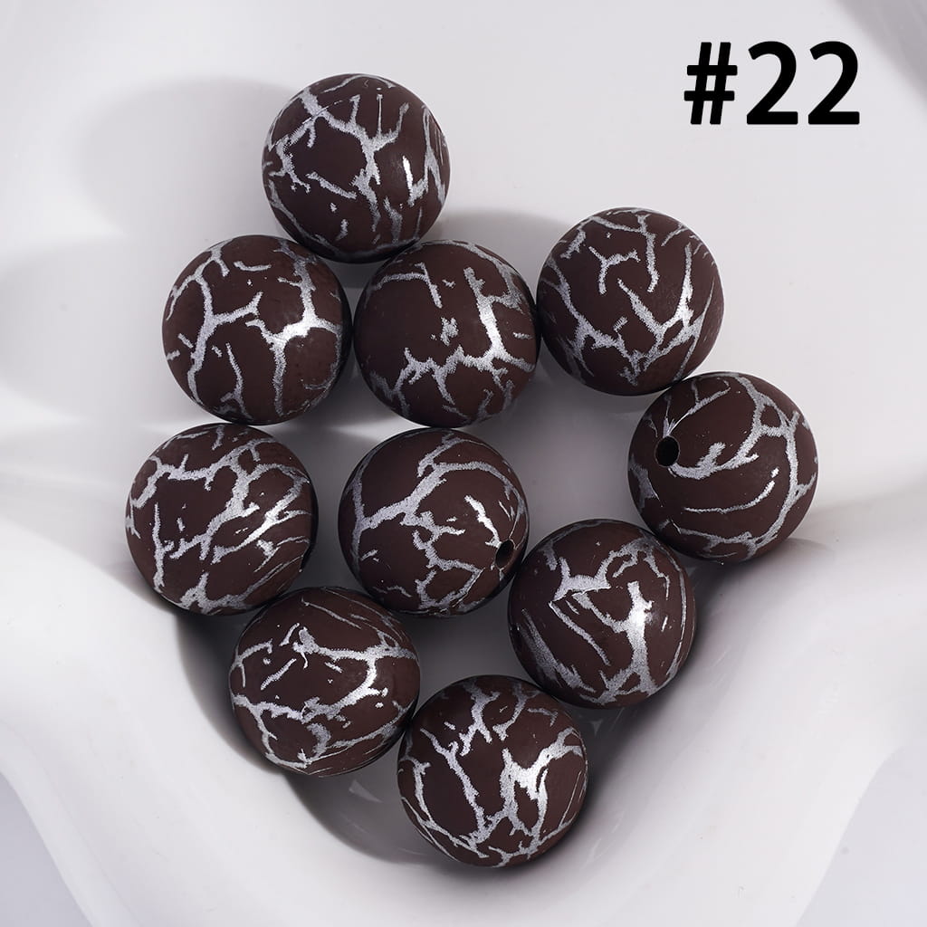 Printed Silicone Beads Brown Round with Silver-Colored Cracks, 15MM, Number 22