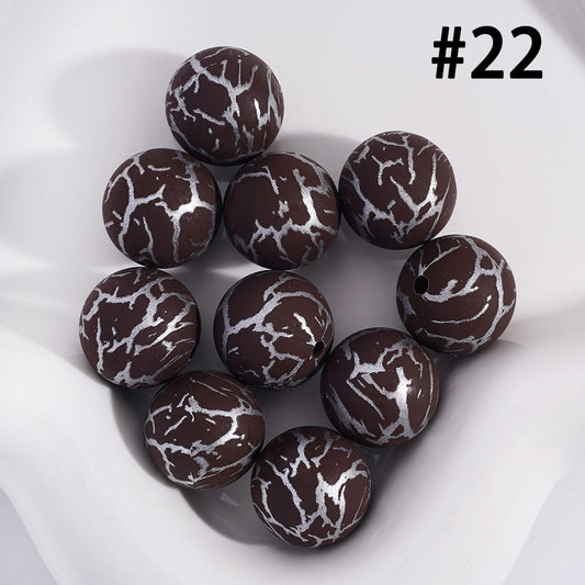 Printed Silicone Beads Brown Round with Silver-Colored Cracks, 15MM, Number 22