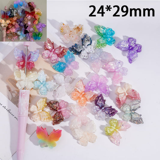 Acrylic Beads Vivid Ombre Color Luminous Butterfly Series with Glitter, 24*29MM, Random Mix
