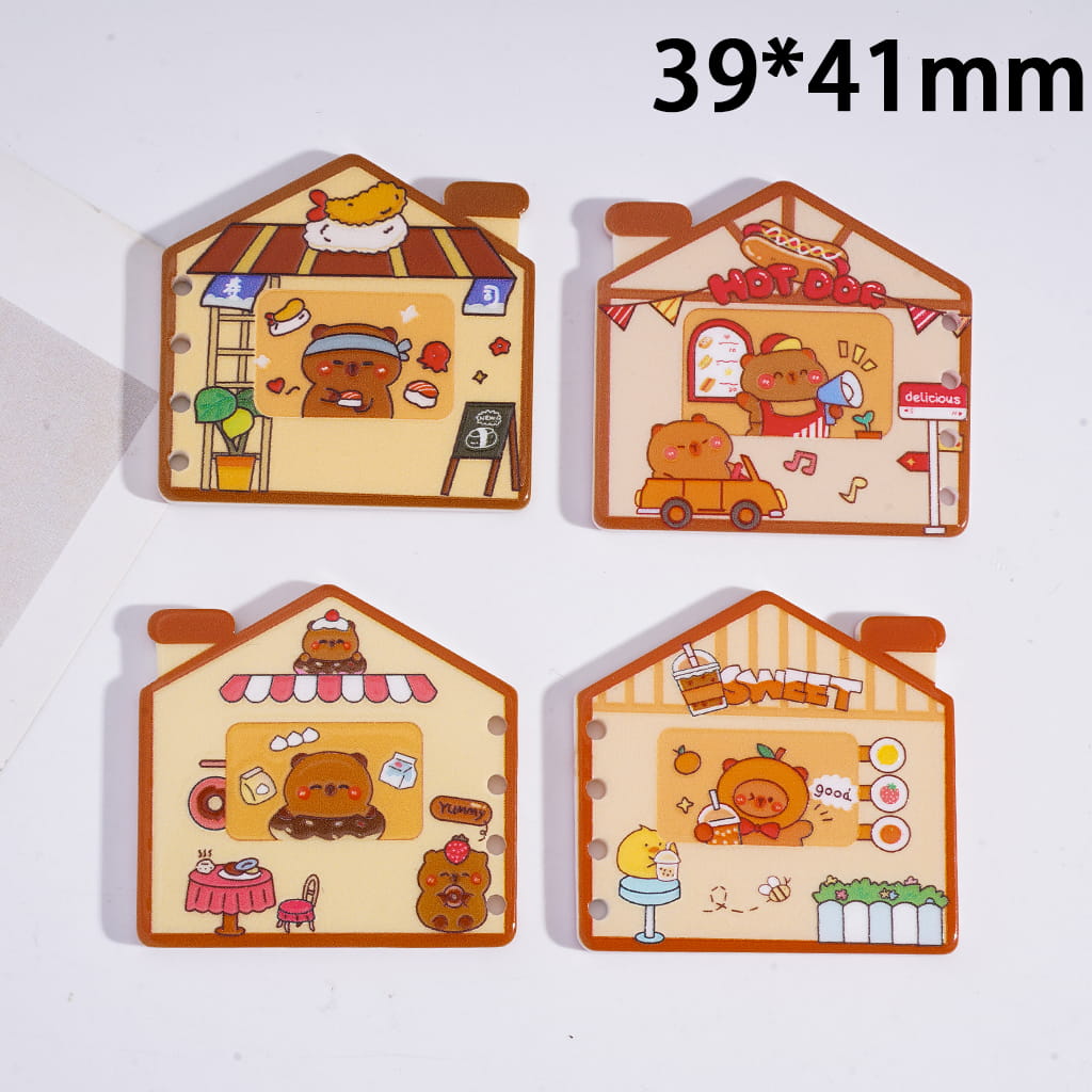 Four cartoon-style house-shaped cards with cute illustrations on a white background.