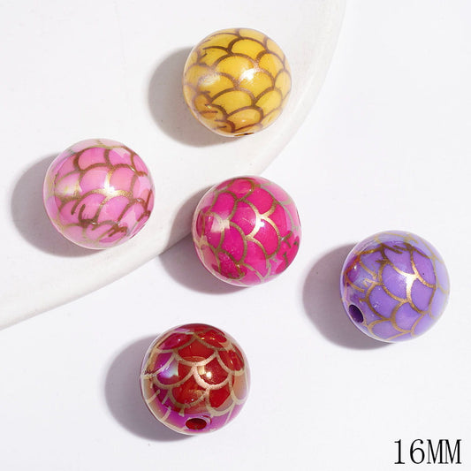 UV-Coated Acrylic Beads for Bracelets Fish Scale Texture in Assorted Colors, 16MM, Random Mix