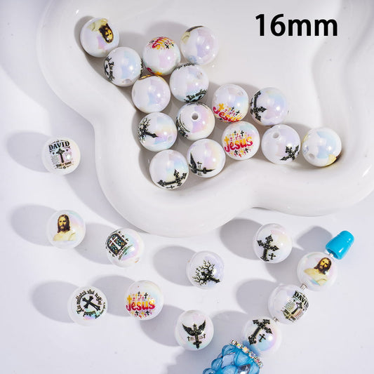 White beads with various designs and text on a white background