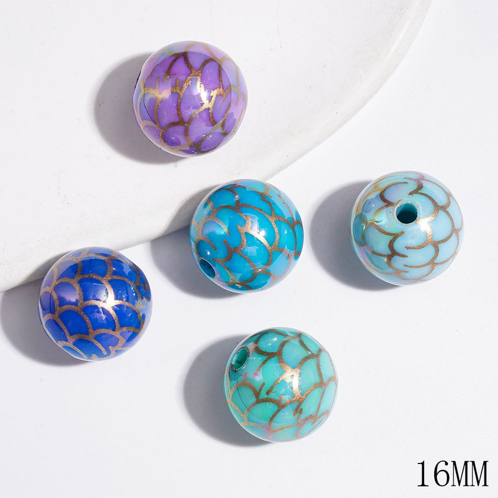 UV-Coated Acrylic Beads for Bracelets with Fish Scale Texture in Blue Purple, 16MM, Random Mix