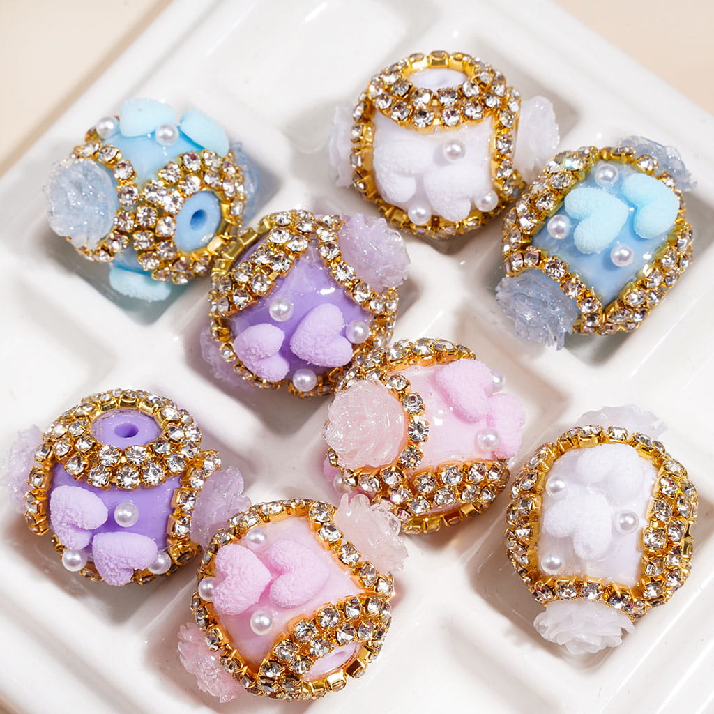 Acrylic Beads with Granulated Sugar Heart and Rose Flower, White Pearls & Clear Rhinestone Chains, 25MM, Multi-Color, Random Mix