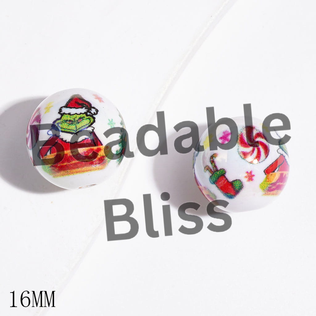 UV-Coated Acrylic Beads for Bracelets Christmas Green Character with Red Sweater Candy Cane Snowflake Tree, 16MM