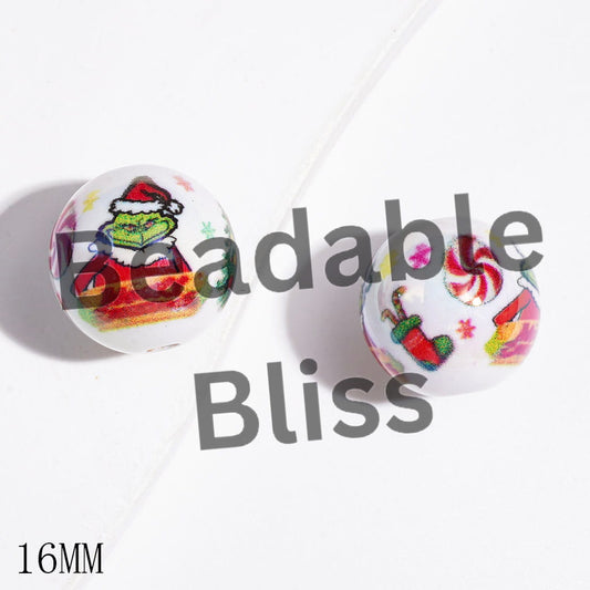 UV-Coated Acrylic Beads for Bracelets Christmas Green Character with Red Sweater Candy Cane Snowflake Tree, 16MM