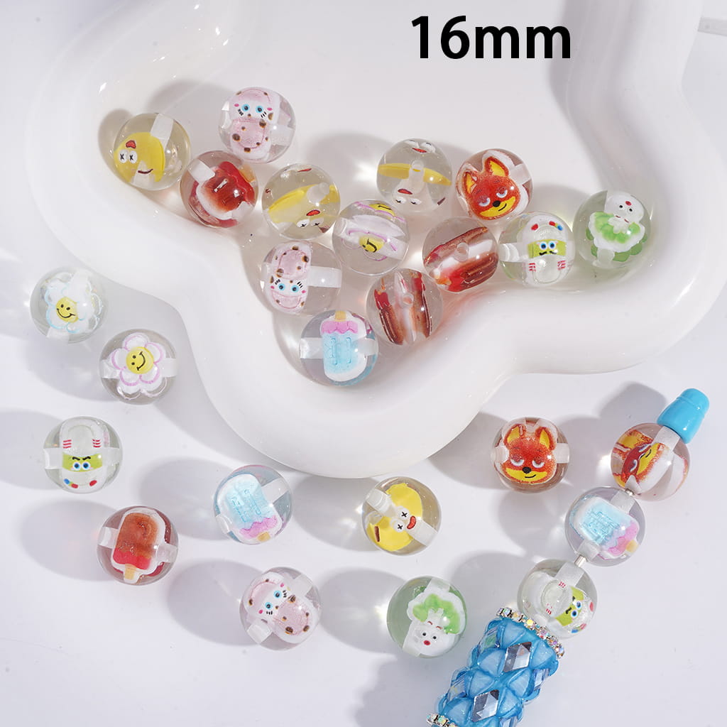Colorful beads with various designs on a white surface, labeled '16mm'.