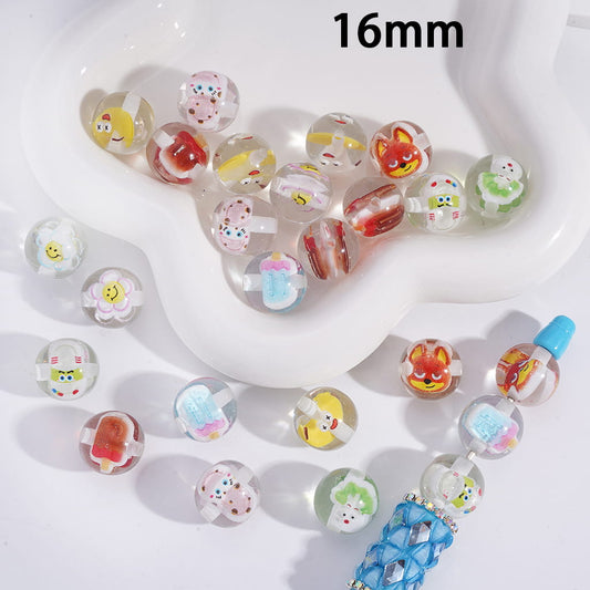 Colorful beads with various designs on a white surface, labeled '16mm'.