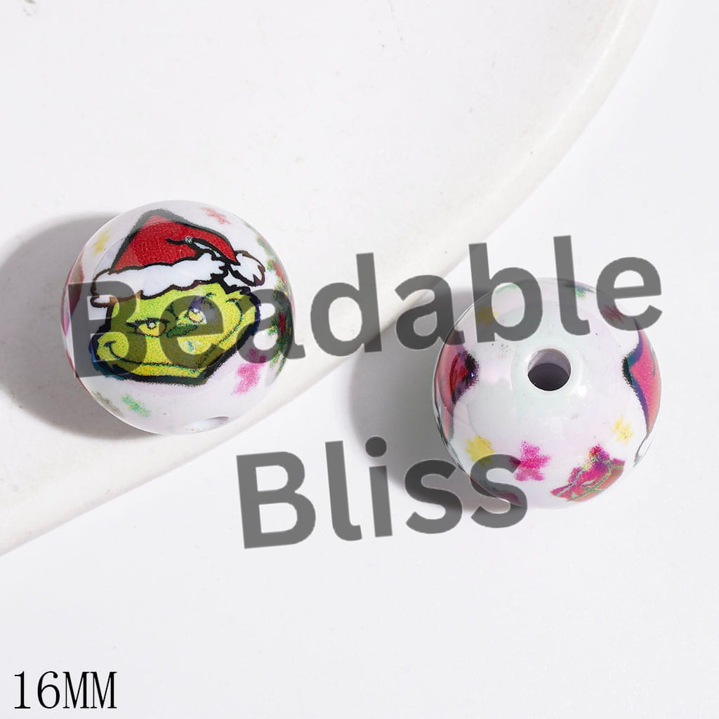 UV-Coated Acrylic Beads for Bracelets with Christmas Green Character Portrait and Gift Box Ball Tree, 16MM