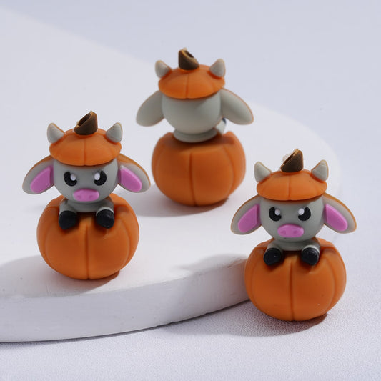 3D Silicone Focal Beads Little Cute Cow Sits on the Pumpkin