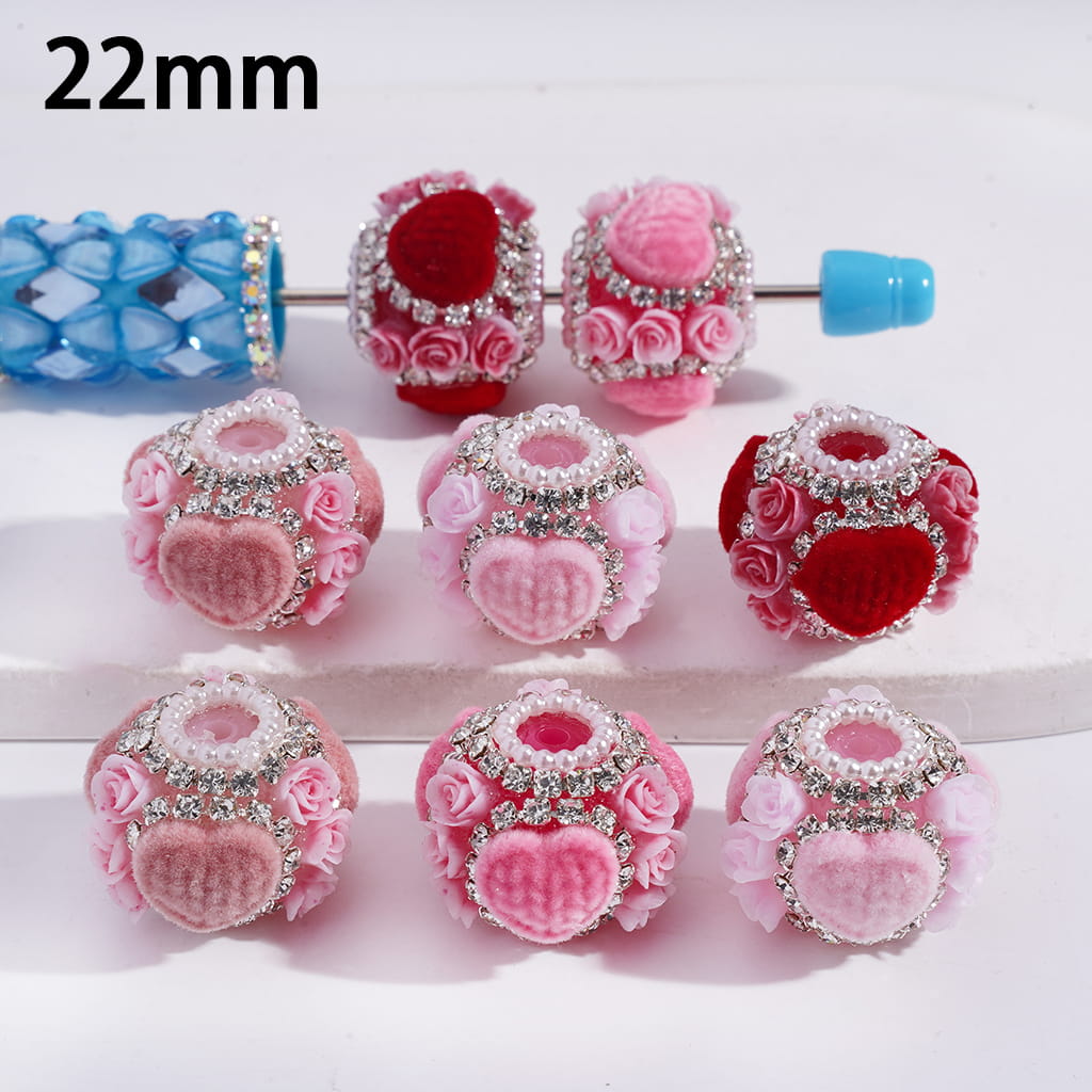 Pink Acrylic Beads with Fluffy Heart and Rose Flowers, Rhinestone and Pearl Chains, 22MM, Multi-Color