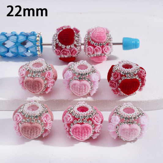 Pink Acrylic Beads with Fluffy Heart and Rose Flowers, Rhinestone and Pearl Chains, 22MM, Multi-Color