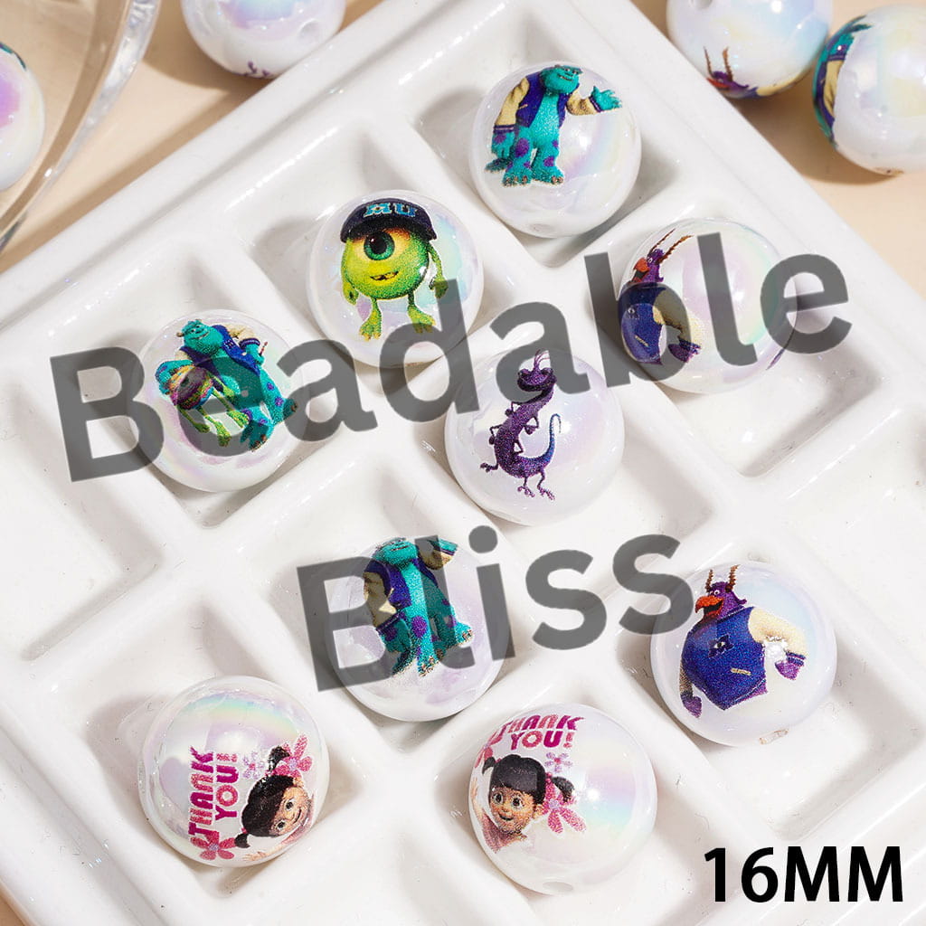 Acrylic Beads for Bracelets UV Coating w Monster Electric Power Company Printed, 16MM, Random Mix