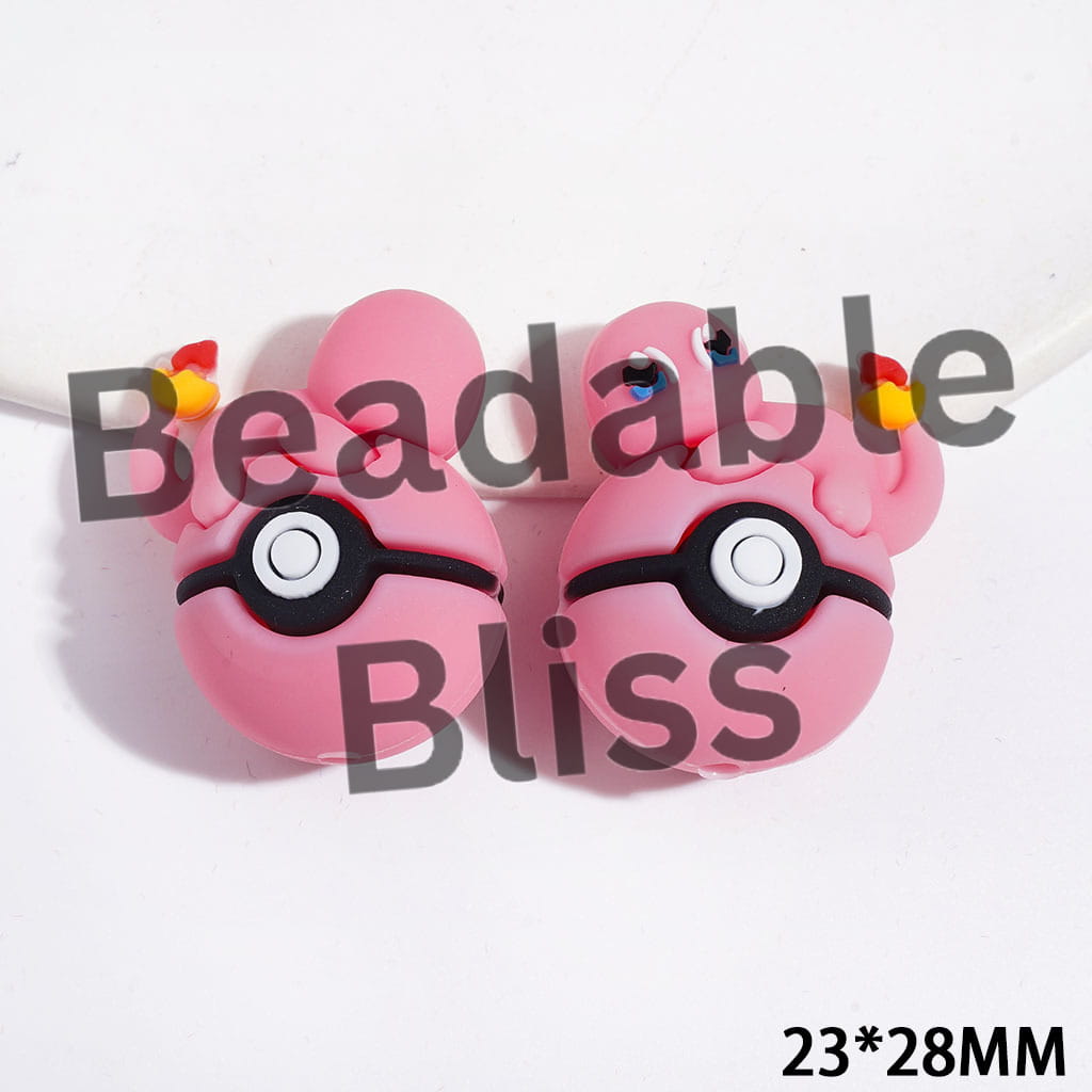 3D Pink Charmander Character Lying on Magic Ball Silicone Focal Beads, 23*28MM