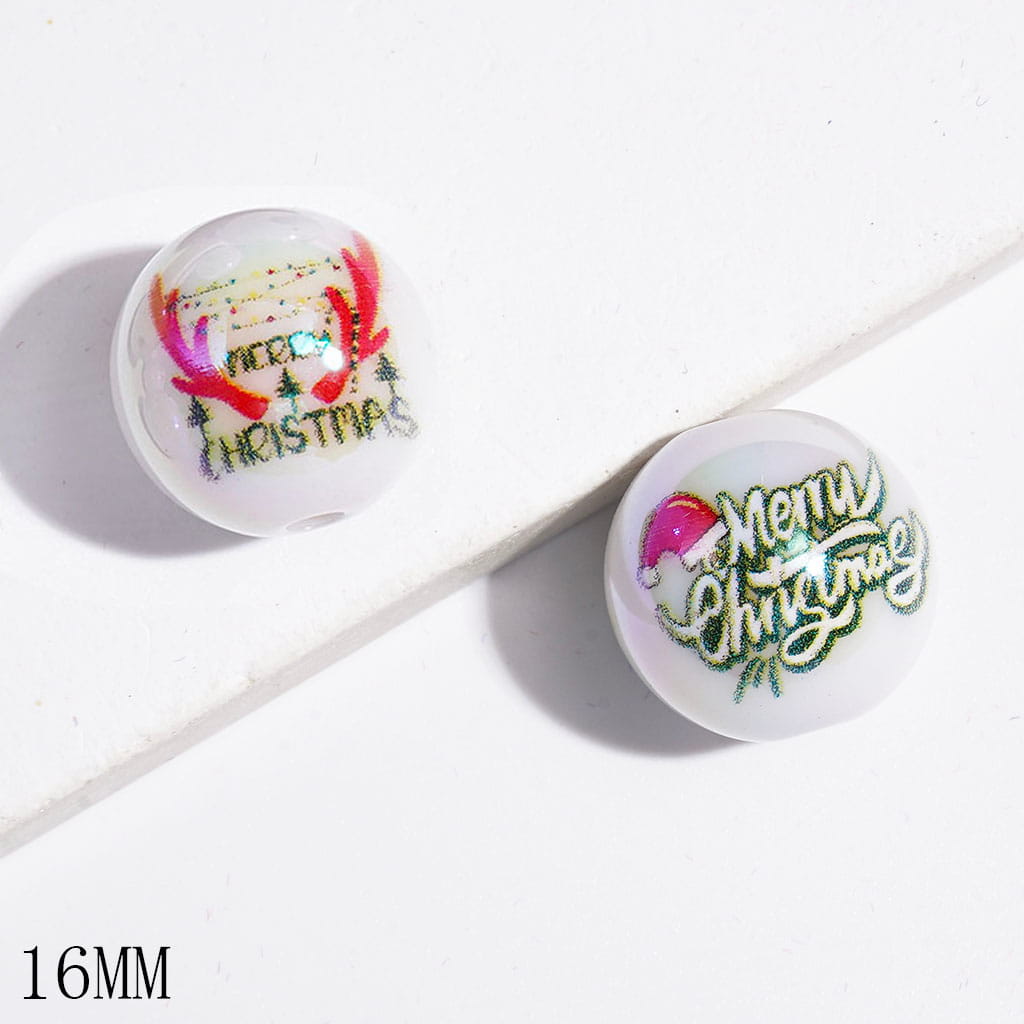UV-Coated Acrylic Beads for Bracelets Deer Antlers Christmas Tree Hat Snowman and Text, 16MM Random Mix