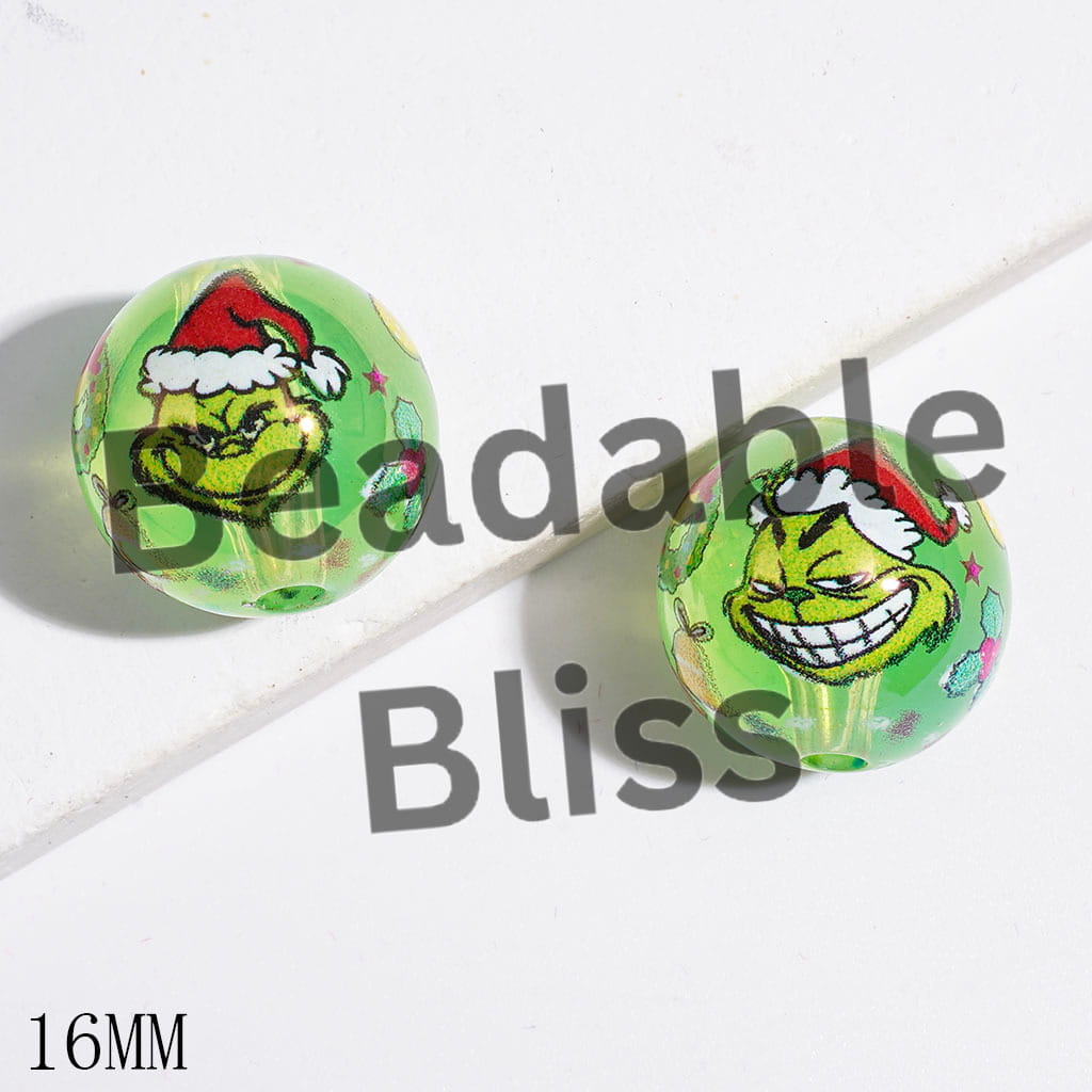Acrylic Beads for Bracelets with Diverse Facial Green Character and Candy Cane Wreath Stocking Ball Gift Box, Transparent Green, 16MM