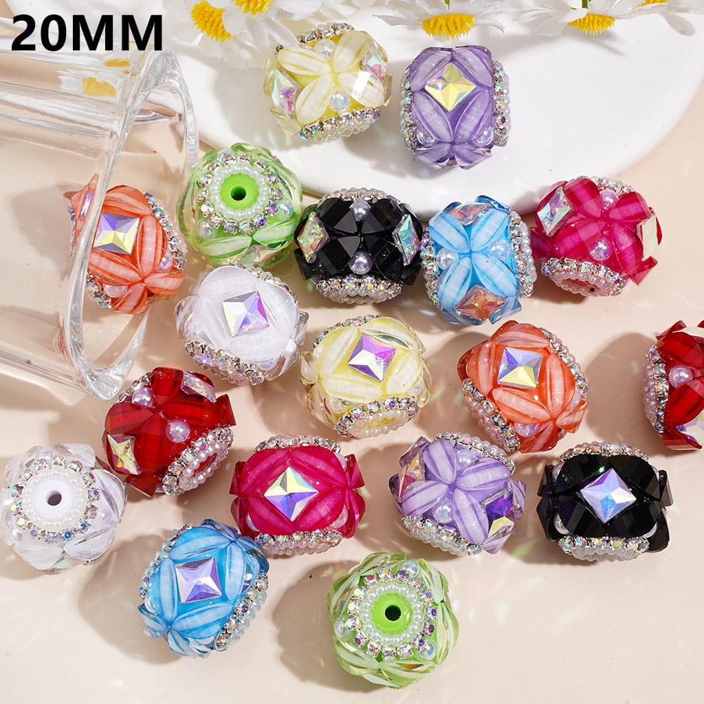 Handmade Acrylic Beads w Four Leaves & Iridescent Diamond Shaped Rhinestones, UV Coating Half Face Pearls, AB Rhinestone & White Pearl Chains, Around 20MM, Neon, Random Mix