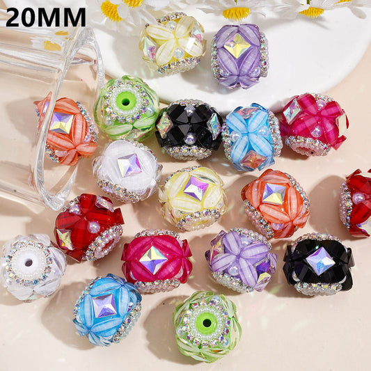 Handmade Acrylic Beads w Four Leaves & Iridescent Diamond Shaped Rhinestones, UV Coating Half Face Pearls, AB Rhinestone & White Pearl Chains, Around 20MM, Neon, Random Mix