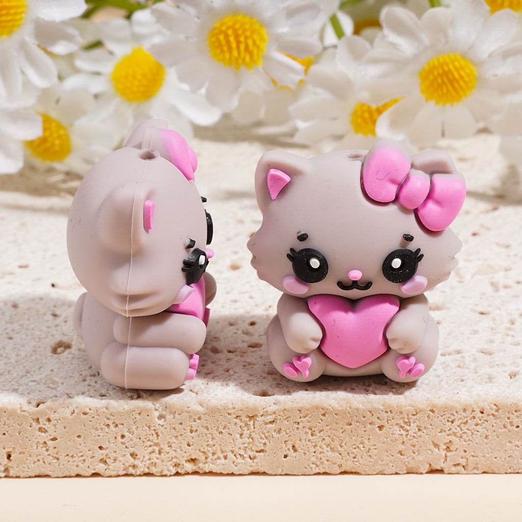 3D Lovely Cat with Bow Holding Pink Heart Silicone Focal Beads