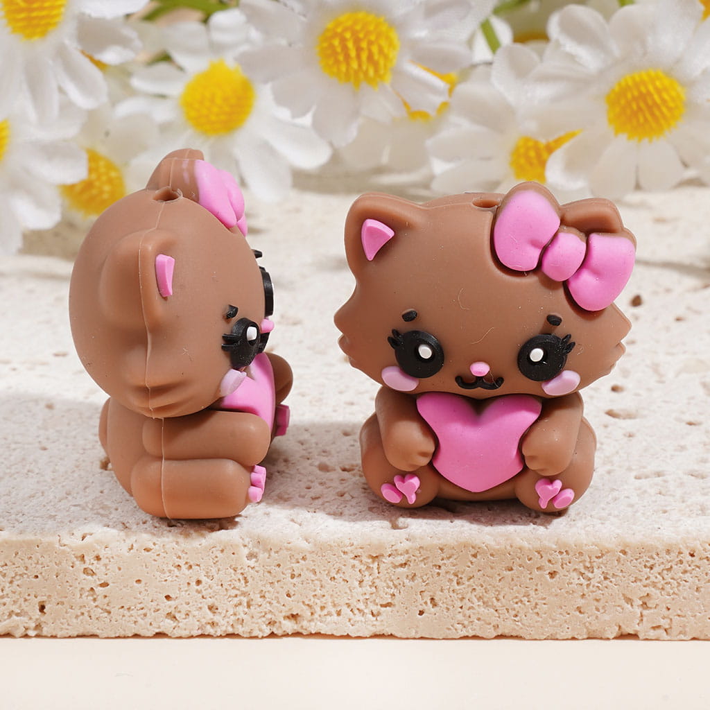 3D Lovely Cat with Bow Holding Pink Heart Silicone Focal Beads