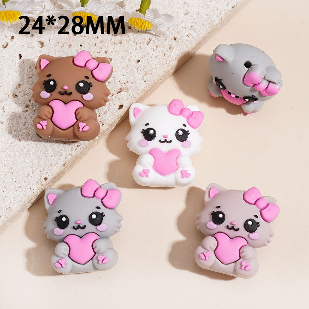 3D Lovely Cat with Bow Holding Pink Heart Silicone Focal Beads