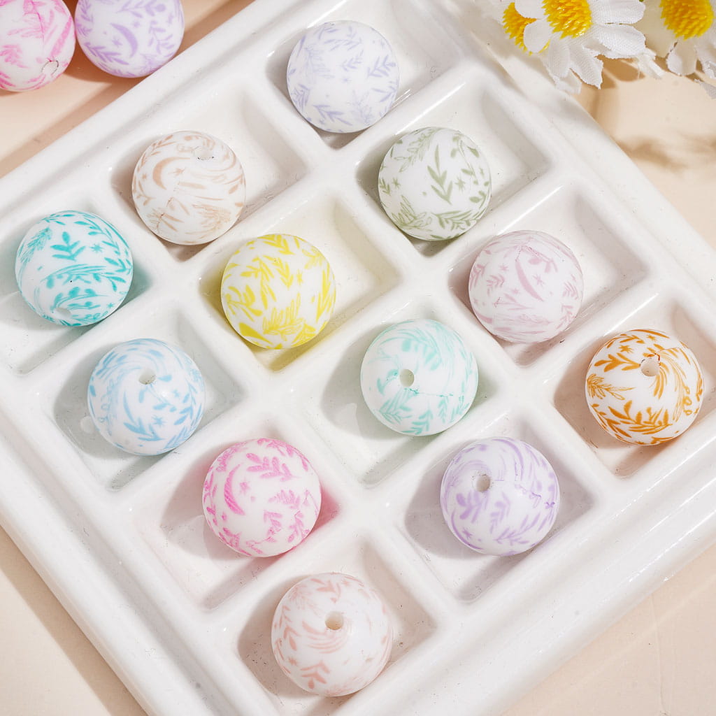 Printed Silicone Beads with Leaf Moon Star Patterns, 15MM, Random Mix