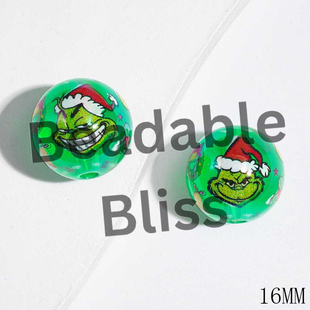 Acrylic Beads for Bracelets with Diverse Facial Expression Green Character and Candy Cane Wreath Stocking, Dark Green, 16MM