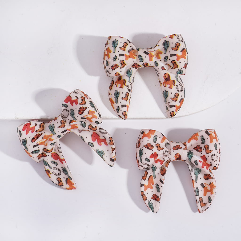 Silicone Focal Beads Soft Bowtie with Horse Series Prints, 40MM