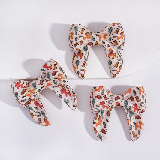 Silicone Focal Beads Soft Bowtie with Horse Series Prints, 40MM
