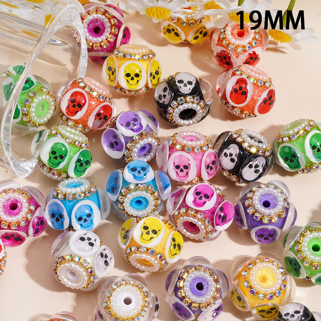 Handmade Acrylic Beads w Halloween Skull Printed Rhinestones, AB Rhinestone & White Pearl Chains, 19MM,Random Mix