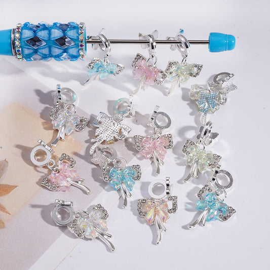 Silver Alloy Bail Beads with Butterfly, Charm Pendant Glossy Bowtie Frame with Clear Rhinestones & UV Coating Bowtie, Multi-Color, Random Mix