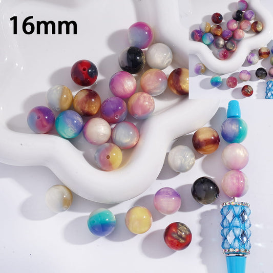 Multicolored beads with a blue tassel on a white surface, labeled '16mm'.