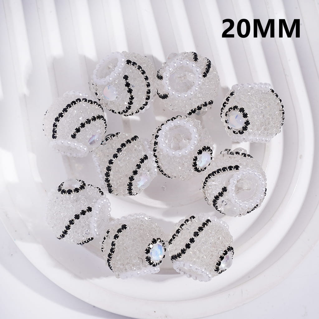 White beads with black patterns on a white background, labeled '20MM'.
