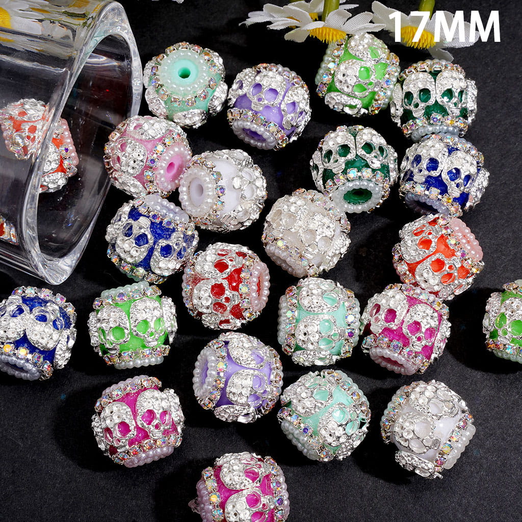 Handmade Acrylic Beads w Siler Metal Skull, AB Rhinestone & White Pearl Chains, 17MM, Random Mix