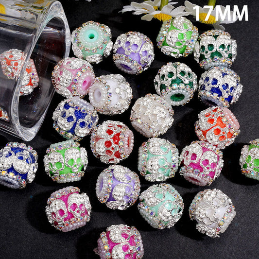 Handmade Acrylic Beads w Siler Metal Skull, AB Rhinestone & White Pearl Chains, 17MM, Random Mix