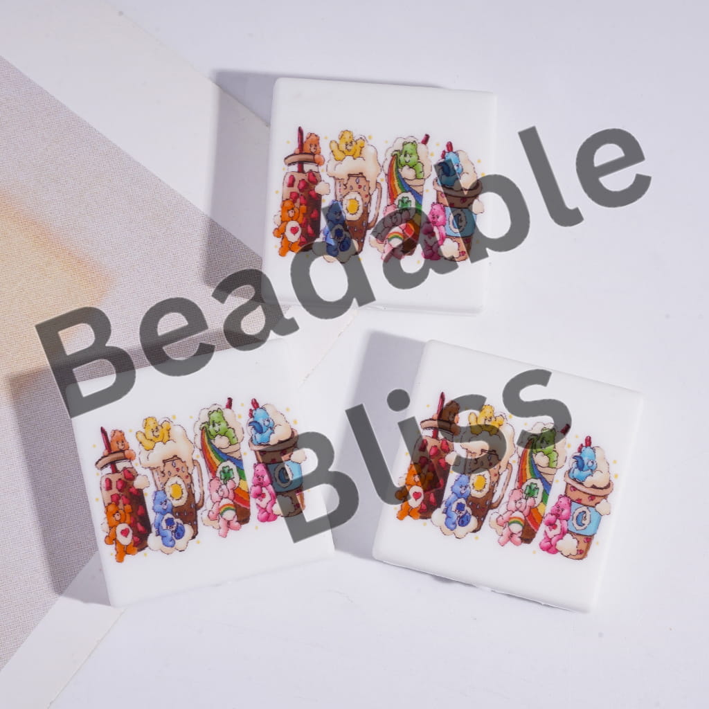Silicone Focal Beads Rainbow Bears Milk Tea Party Theme, Flat Square Shape