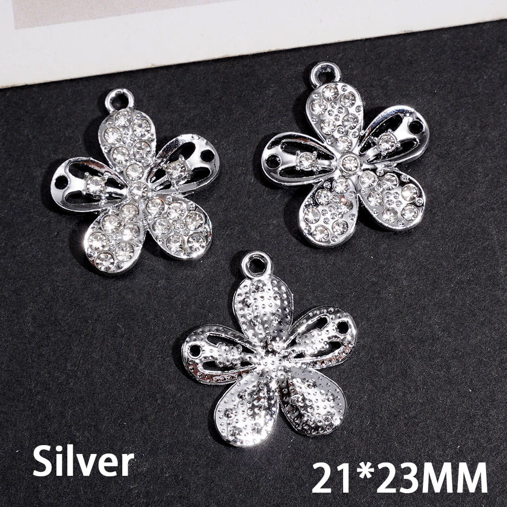 Alloy Charm Pendants Five-Petaled Flower with Clear Rhinestones 21*23MM Jewelry Accessory Silver and Gold