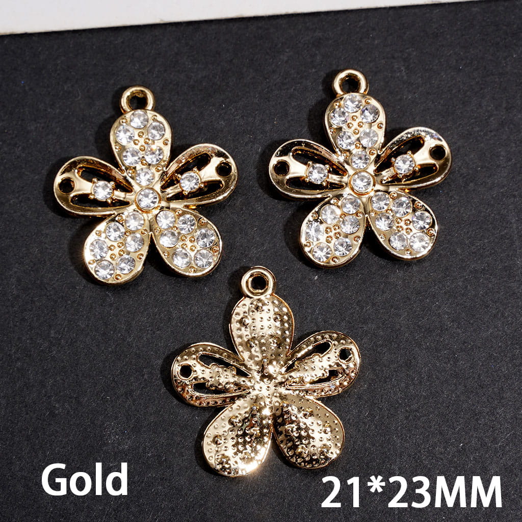 Alloy Charm Pendants Five-Petaled Flower with Clear Rhinestones 21*23MM Jewelry Accessory Silver and Gold