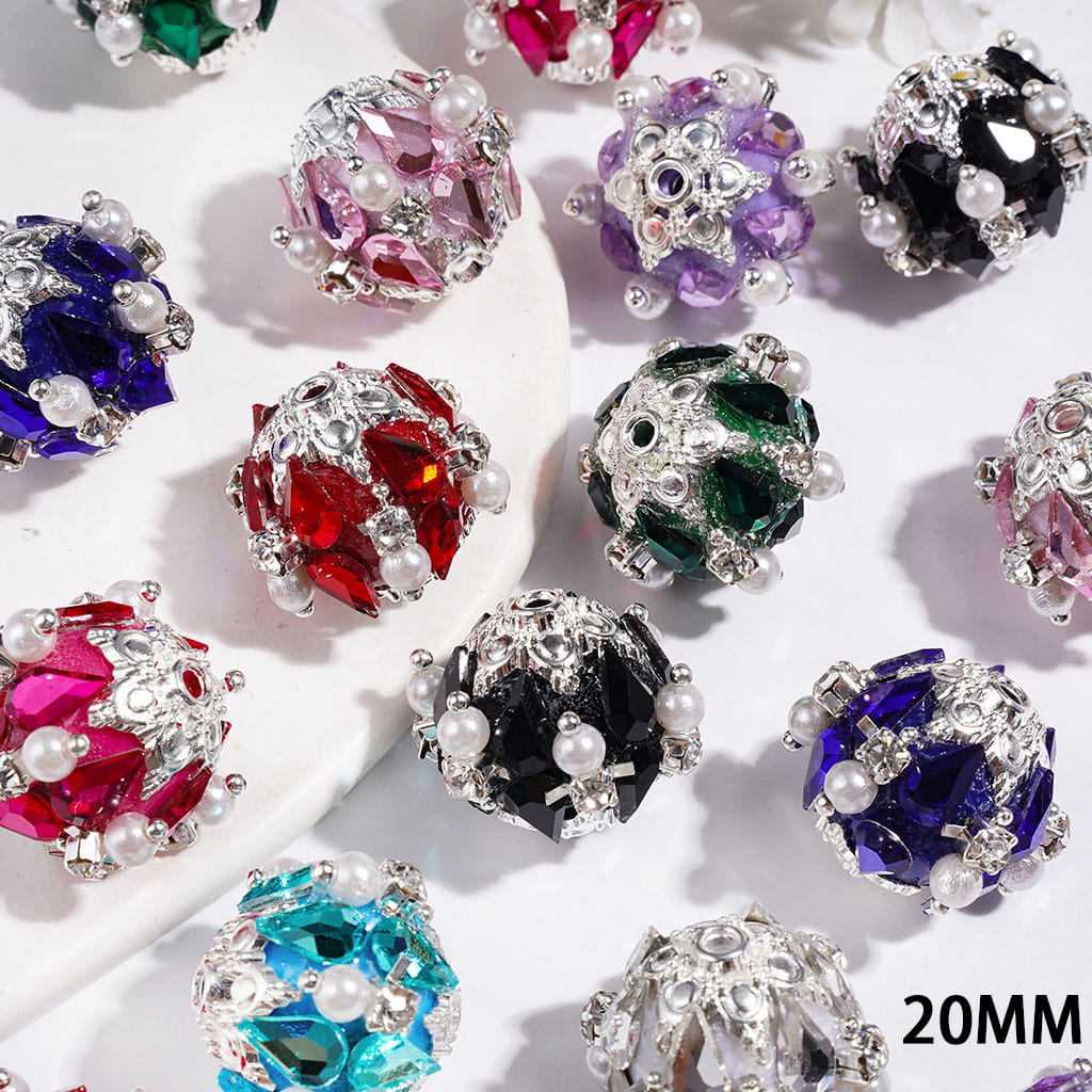 Handmade Acrylic Beads with Water Drop & Metal Flower Base, Shiny Rhinestone & White Pearl, 20MM Multi-Color