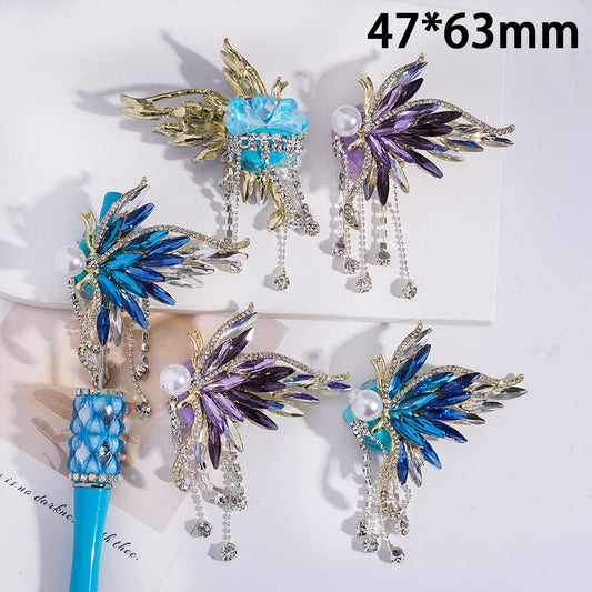 Clay Beads with Fancy Alloy Butterfly Wing, with Rhinestones & White Pearl & Tassel Chains, 47*63MM, Purple Blue