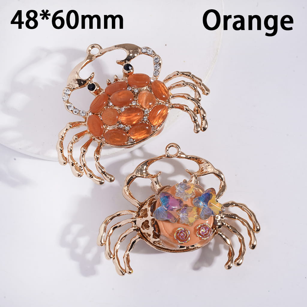 Clay Beads with Alloy Pendant Crab, with Various Rhinestones & Rose Flowers, 48*60MM, Orange Champagne