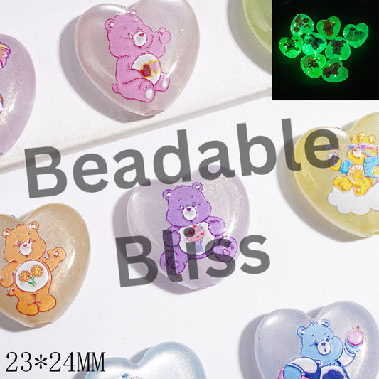 Luminous Acrylic Beads Heart with Diverse Style Rainbow Bear and Glitter, 23*24MM Multi-Color Random Mix