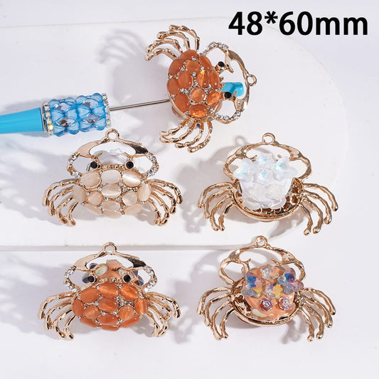 Clay Beads with Alloy Pendant Crab, with Various Rhinestones & Rose Flowers, 48*60MM, Orange Champagne
